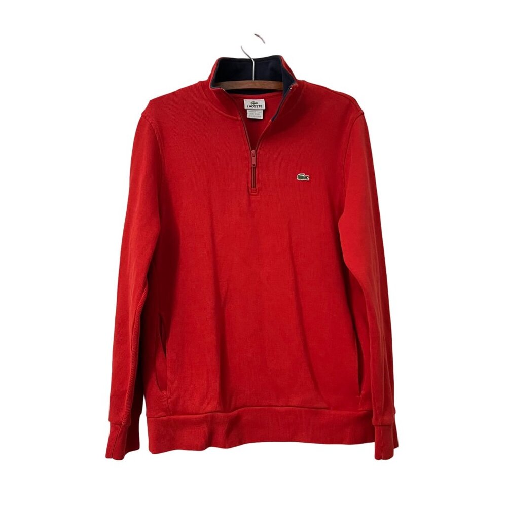 Lacoste Red Logo 1/2 Zip Mock Neck Cotton Knit Pullover Pockets Sweater SZ Large